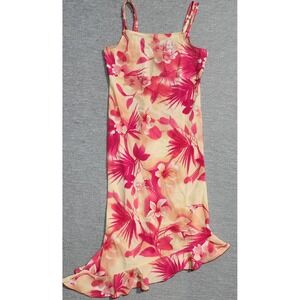 Y2K Hype Vintage Floral Midi slip Dress Pink Orange‎ Tropical Ruffle Hem Size 16